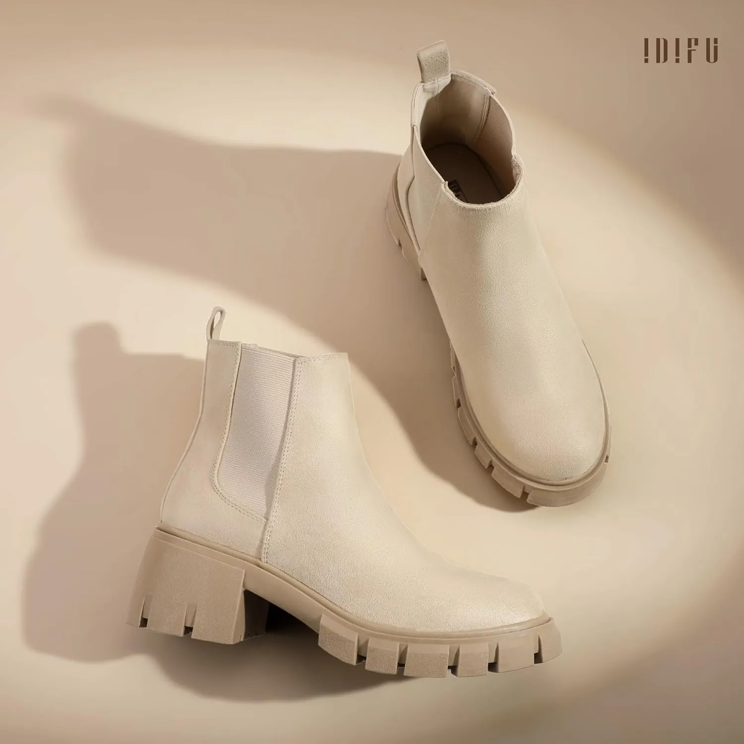 IDIFU IN2 Chelsea Ankle Boots for Women Low Block Chunky Women's Boots Round Toe Short Heeled Ankle Booties Fashion Cute Comfort Trendy Dress Booties Fall Lady Slip On Lug Sole Boots
