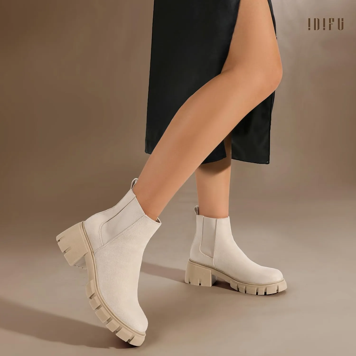 IDIFU IN2 Chelsea Ankle Boots for Women Low Block Chunky Women's Boots Round Toe Short Heeled Ankle Booties Fashion Cute Comfort Trendy Dress Booties Fall Lady Slip On Lug Sole Boots