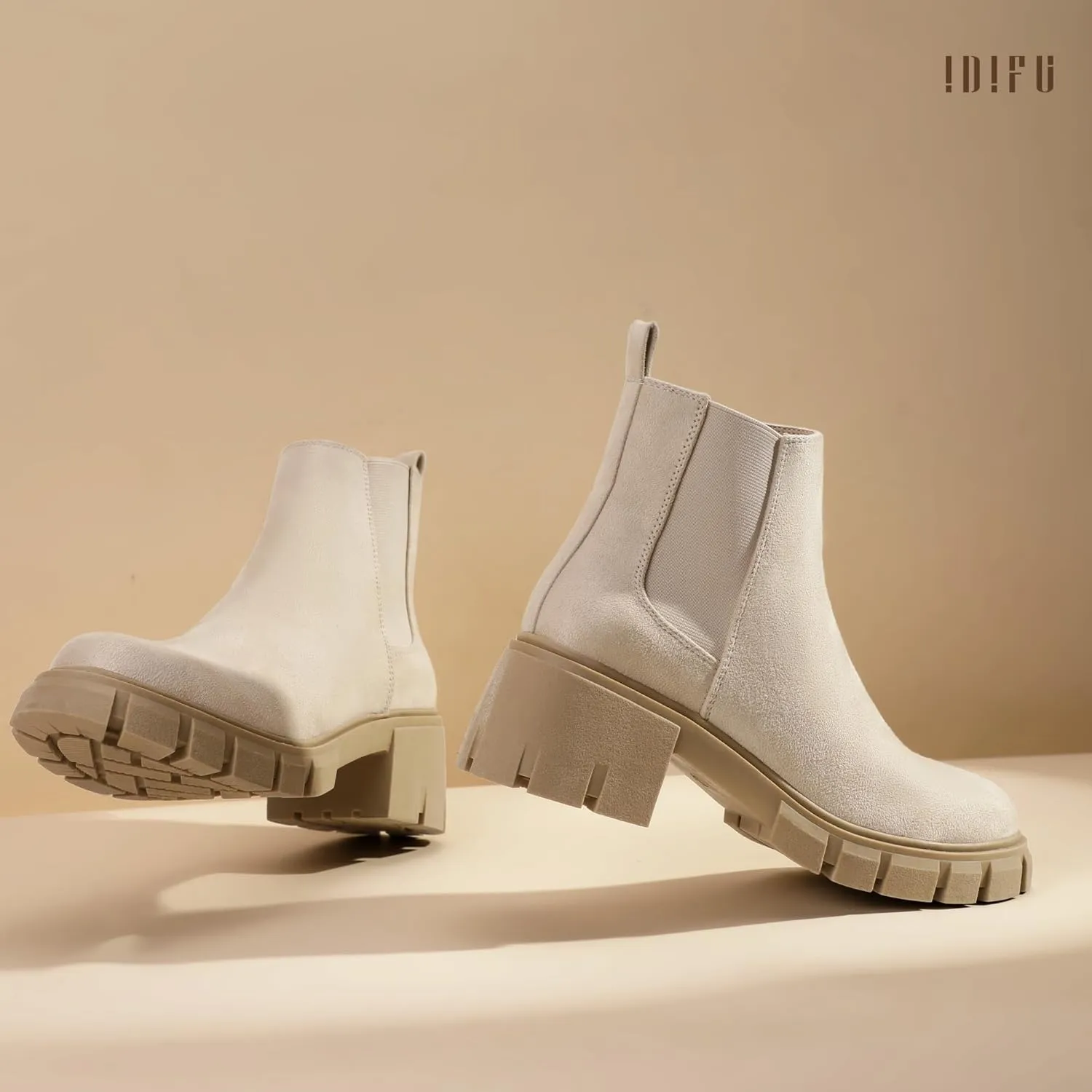 IDIFU IN2 Chelsea Ankle Boots for Women Low Block Chunky Women's Boots Round Toe Short Heeled Ankle Booties Fashion Cute Comfort Trendy Dress Booties Fall Lady Slip On Lug Sole Boots
