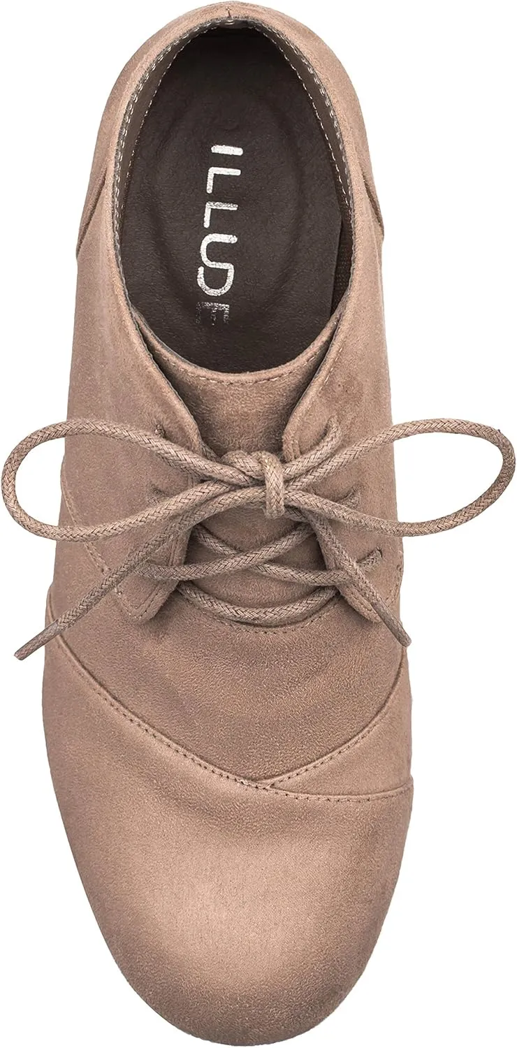 ILLUDE Women's Round Toe Lace Up Wedge Heels Suede Ankle Boots Booties