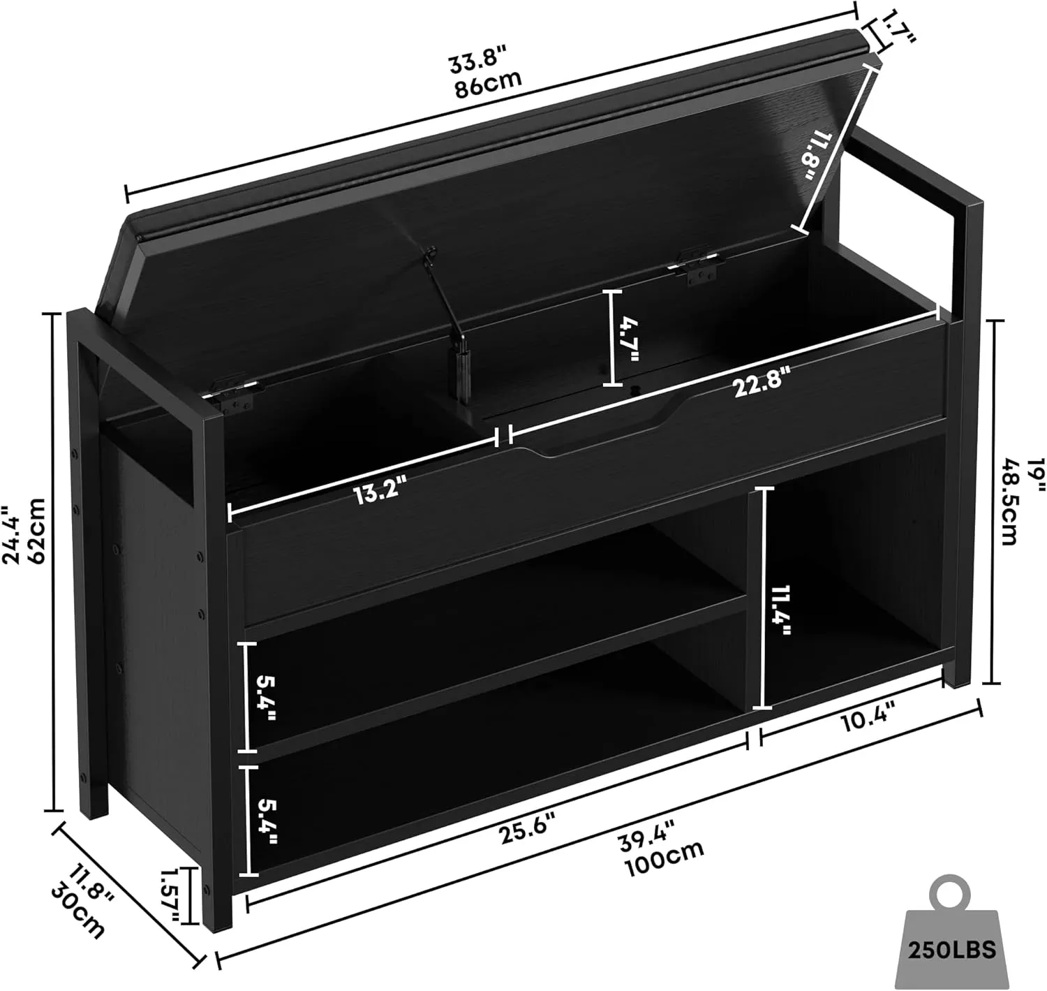IRONCK Shoe Storage Bench, Entryway Bench with Lift Top Storage Box, Metal and Board Bench for Entryway, Two Tier Shoe Rack Organizer for Entryway, Bedroom, Hallway, Black