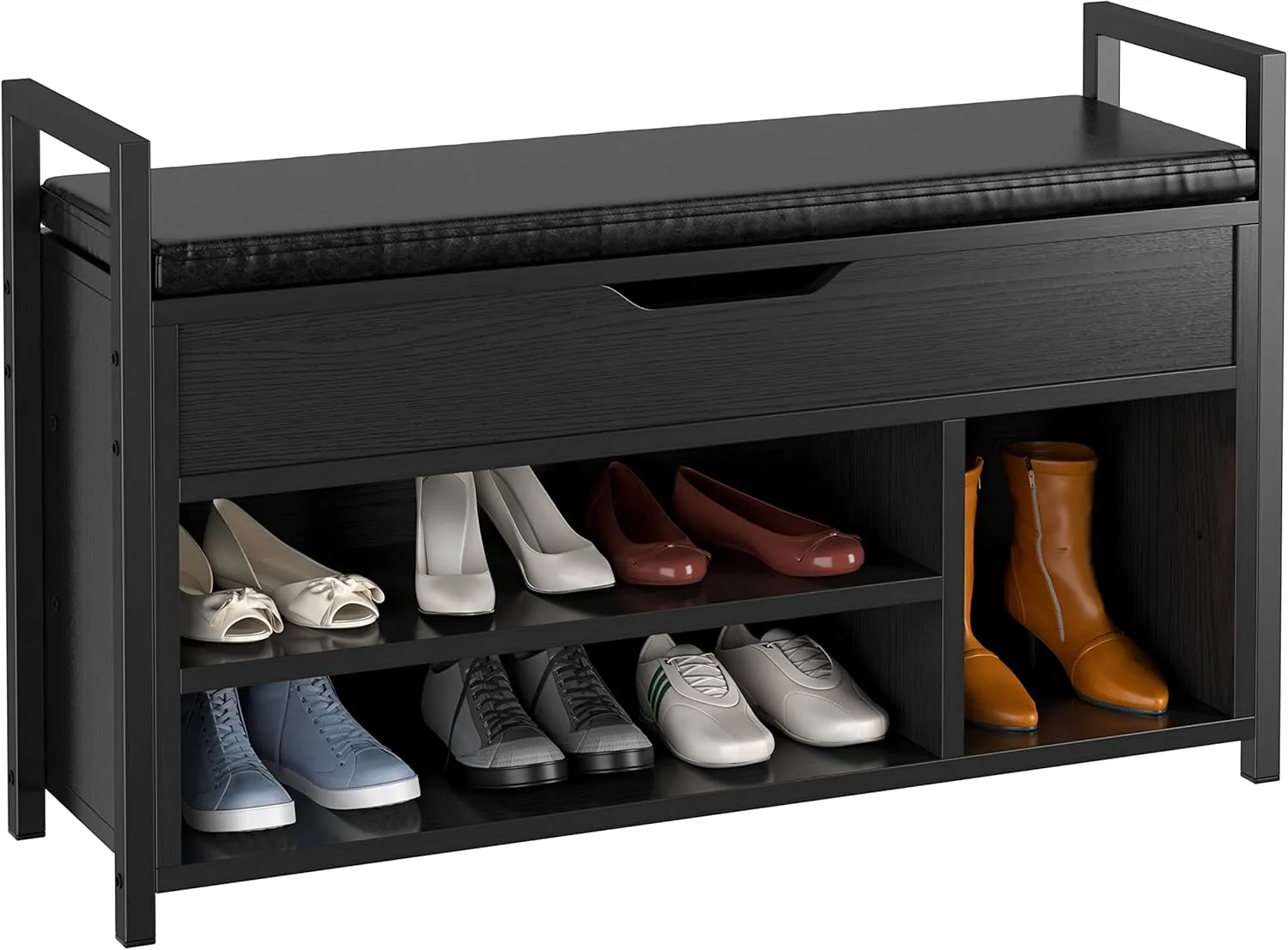 IRONCK Shoe Storage Bench, Entryway Bench with Lift Top Storage Box, Metal and Board Bench for Entryway, Two Tier Shoe Rack Organizer for Entryway, Bedroom, Hallway, Black