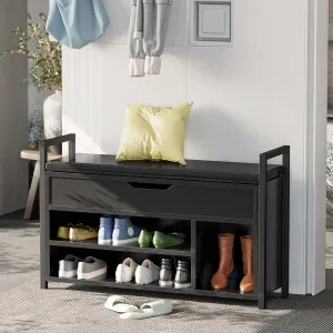 IRONCK Shoe Storage Bench, Entryway Bench with Lift Top Storage Box, Metal and Board Bench for Entryway, Two Tier Shoe Rack Organizer for Entryway, Bedroom, Hallway, Black