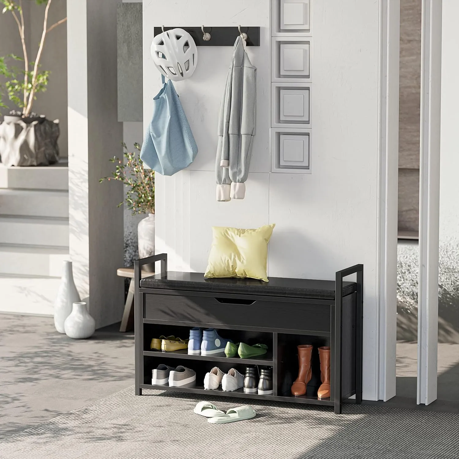 IRONCK Shoe Storage Bench, Entryway Bench with Lift Top Storage Box, Metal and Board Bench for Entryway, Two Tier Shoe Rack Organizer for Entryway, Bedroom, Hallway, Black