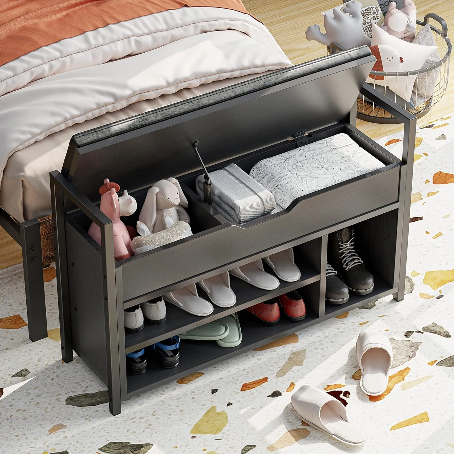 IRONCK Shoe Storage Bench, Entryway Bench with Lift Top Storage Box, Metal and Board Bench for Entryway, Two Tier Shoe Rack Organizer for Entryway, Bedroom, Hallway, Black