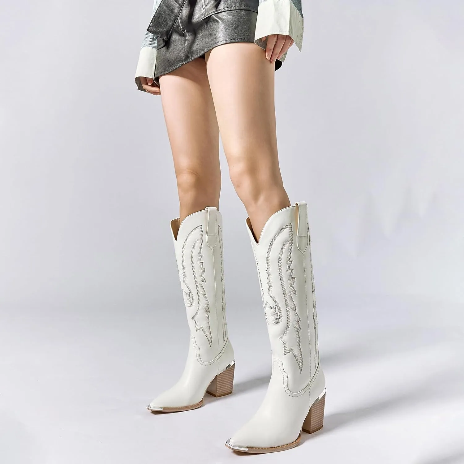 ISNOM Cowboy Boots for Women with Pointed Metal Toe, Cowgirl Boots Women Knee High with Block Chunky Heel Long Western Boots for Women