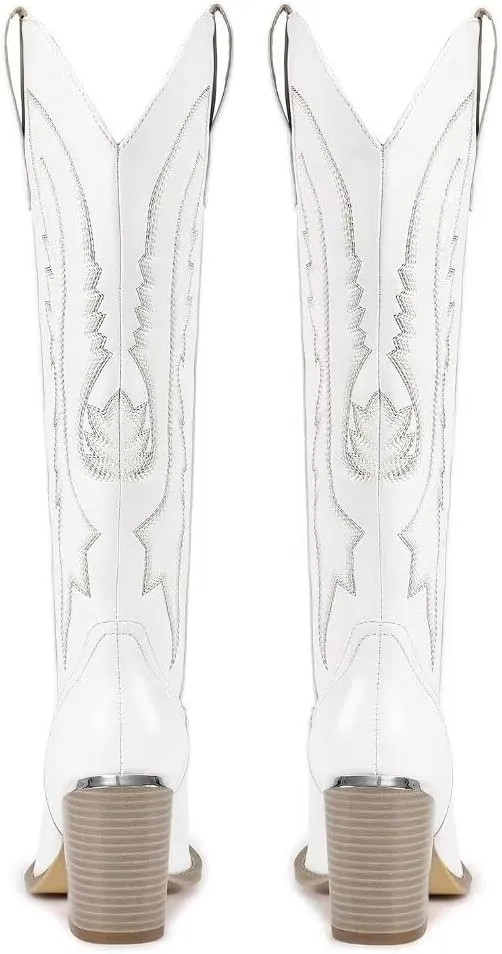 ISNOM Cowboy Boots for Women with Pointed Metal Toe, Cowgirl Boots Women Knee High with Block Chunky Heel Long Western Boots for Women