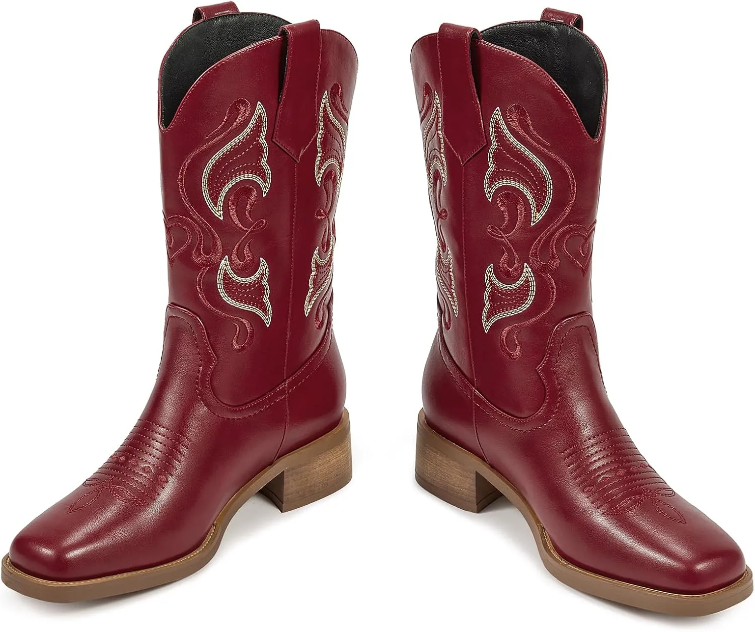 ISNOM Cowgirl Cowboy Boots for Women, Western Boots with Square Toe, Pull-on Tab and Unique Embroidery Design