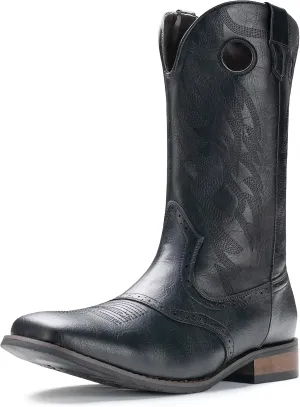 IUV Cowboy Boots For Men Western Boot Classic Embroidered Square Toe Pull On Mid-Calf Boots Round Hole