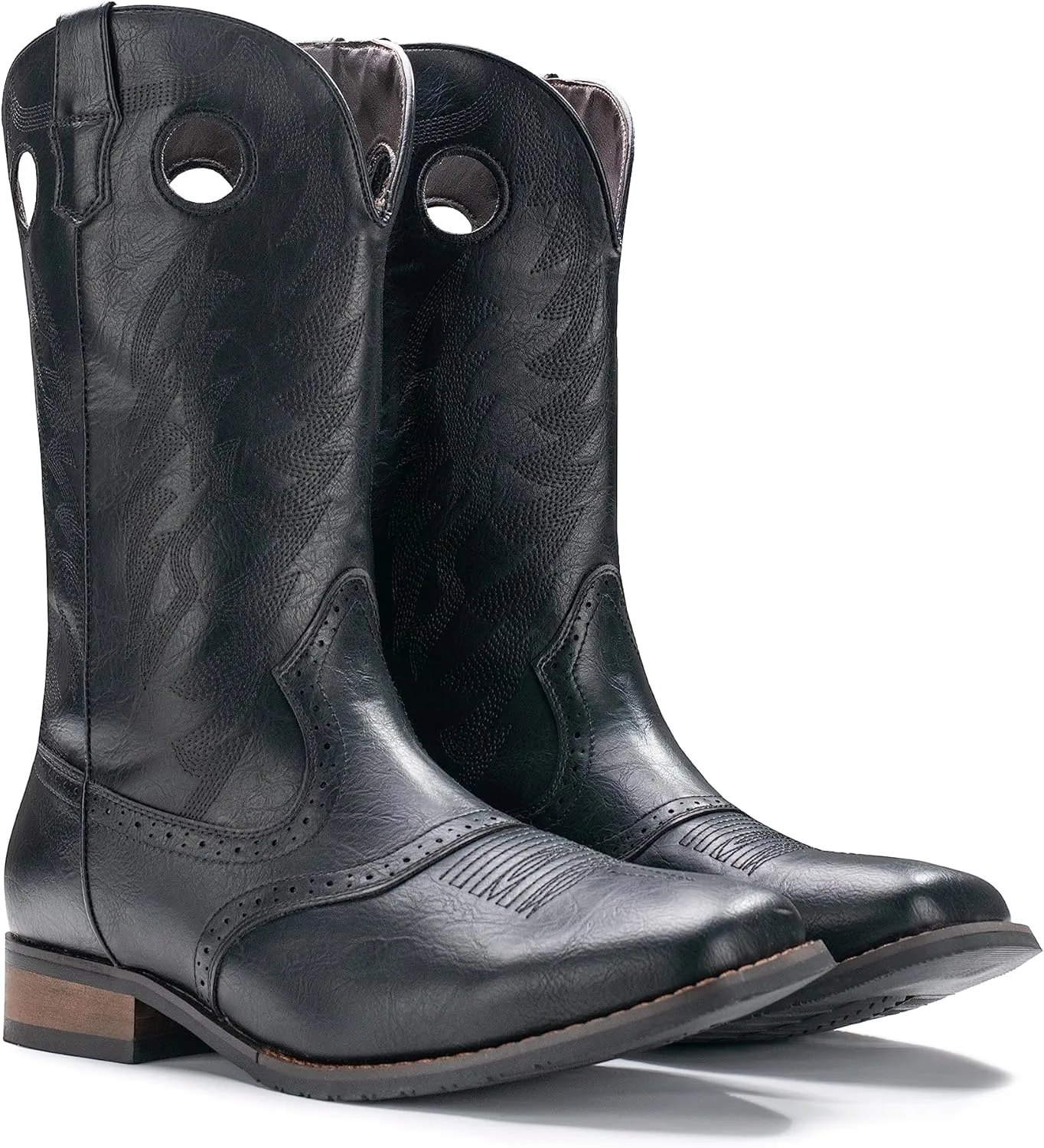IUV Cowboy Boots For Men Western Boot Classic Embroidered Square Toe Pull On Mid-Calf Boots Round Hole