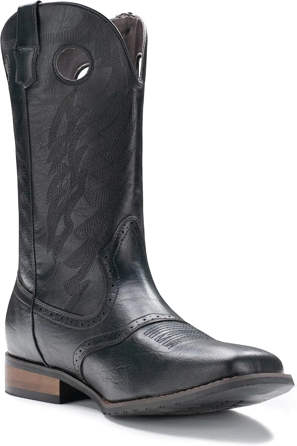 IUV Cowboy Boots For Men Western Boot Classic Embroidered Square Toe Pull On Mid-Calf Boots Round Hole