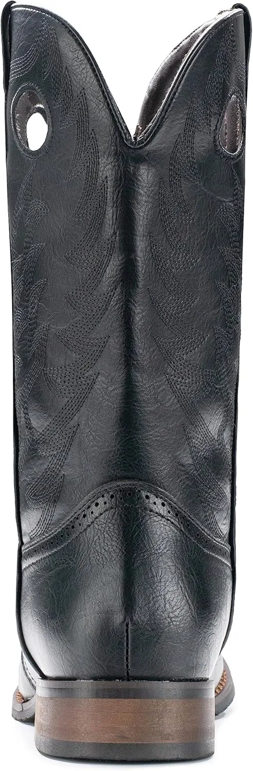IUV Cowboy Boots For Men Western Boot Classic Embroidered Square Toe Pull On Mid-Calf Boots Round Hole