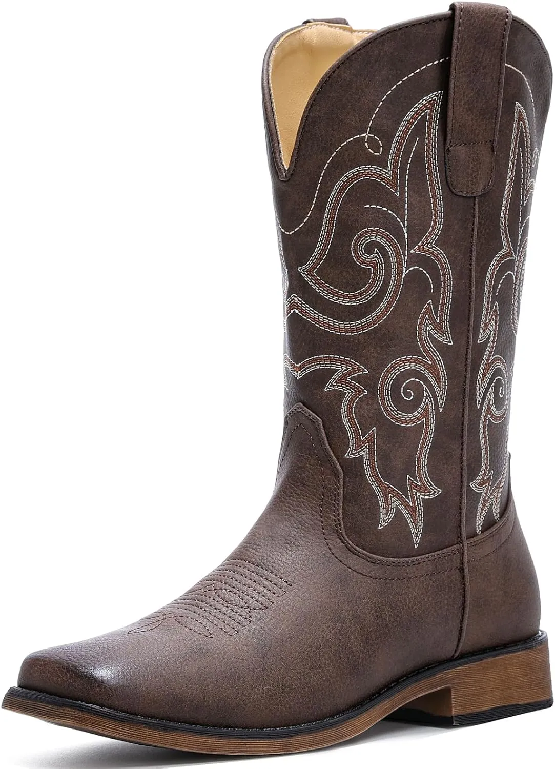 IUV Cowboy Boots For Women Square Toe Western Boots Mid Calf Cowgirl Boots Pull On Fashion Embroidered Cowboy Boots