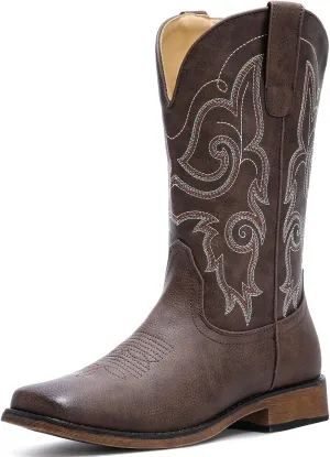 IUV Cowboy Boots For Women Square Toe Western Boots Mid Calf Cowgirl Boots Pull On Fashion Embroidered Cowboy Boots