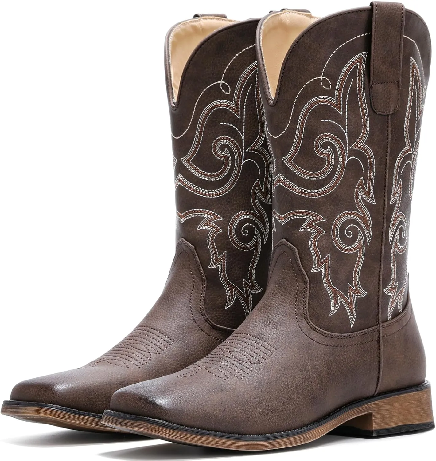 IUV Cowboy Boots For Women Square Toe Western Boots Mid Calf Cowgirl Boots Pull On Fashion Embroidered Cowboy Boots