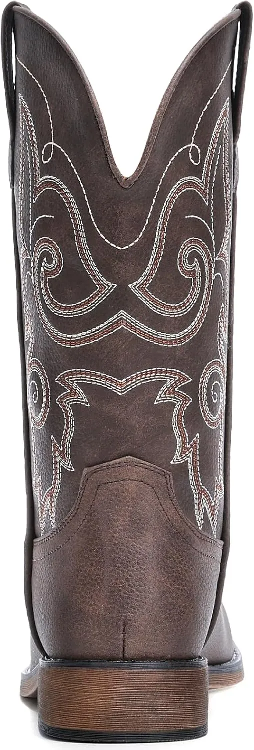 IUV Cowboy Boots For Women Square Toe Western Boots Mid Calf Cowgirl Boots Pull On Fashion Embroidered Cowboy Boots