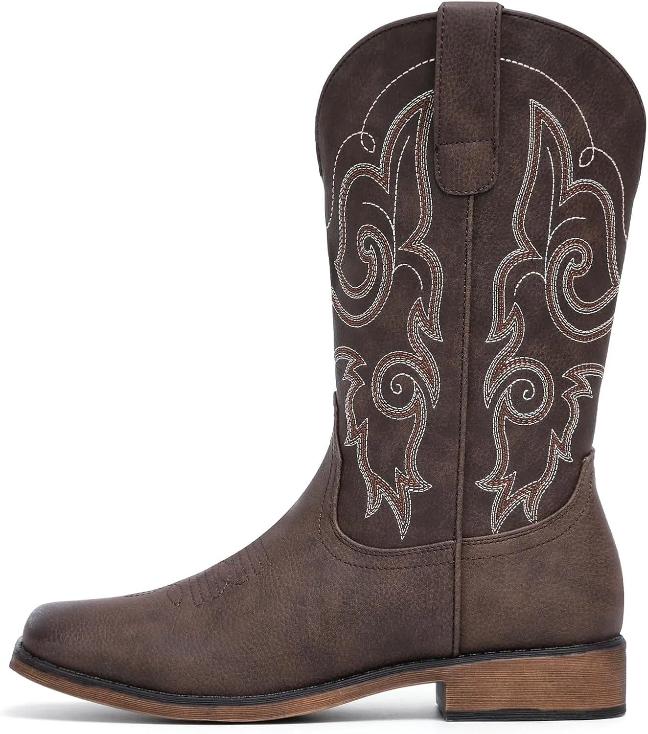 IUV Cowboy Boots For Women Square Toe Western Boots Mid Calf Cowgirl Boots Pull On Fashion Embroidered Cowboy Boots