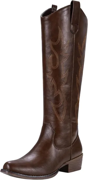 Jeossy Women's Cowboy Boots Embroided Western Cowgirl Boots Square Toe Knee High Pull on Wide Calf Shoes with Inside Zipper