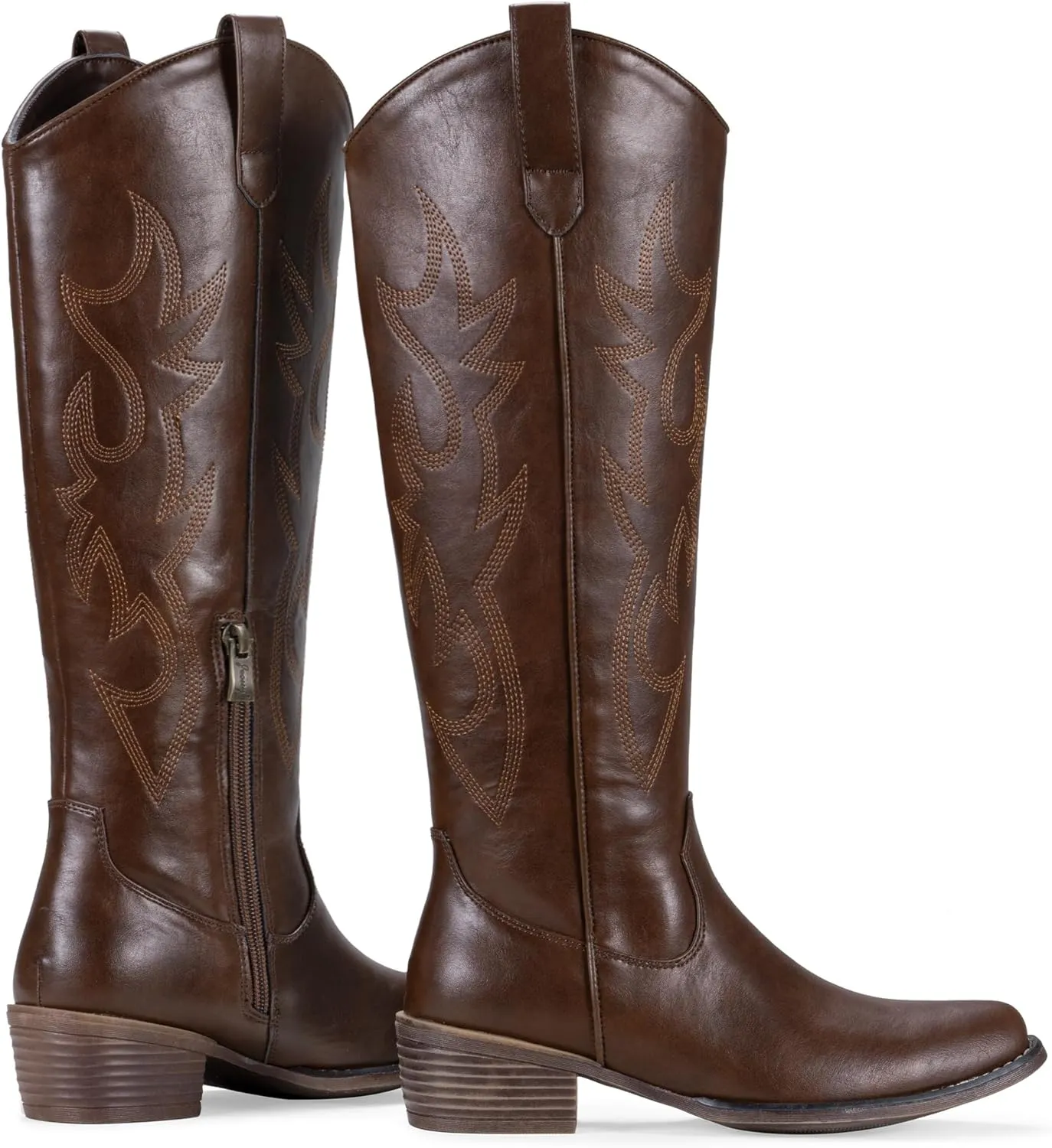 Jeossy Women's Cowboy Boots Embroided Western Cowgirl Boots Square Toe Knee High Pull on Wide Calf Shoes with Inside Zipper