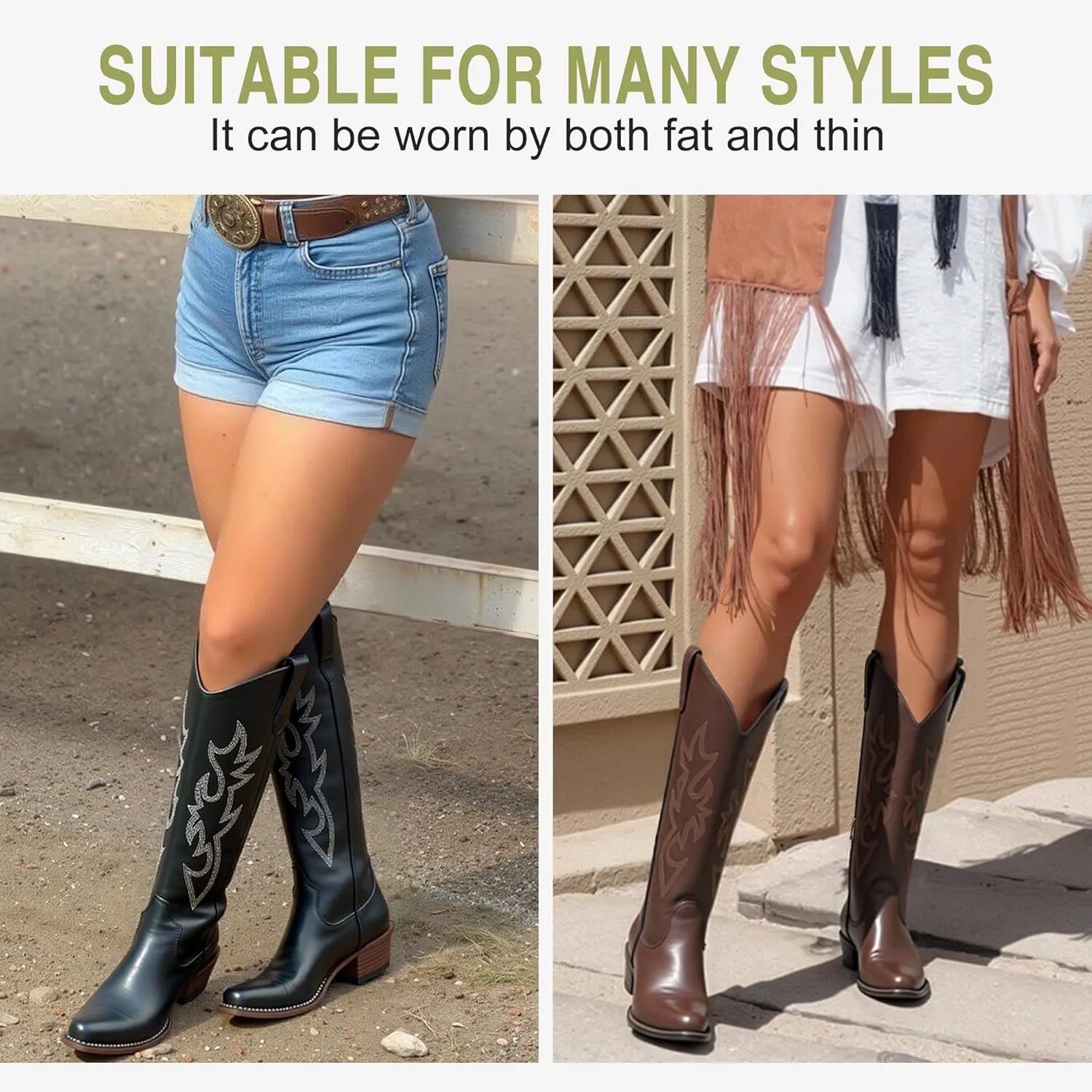 Jeossy Women's Cowboy Boots Embroided Western Cowgirl Boots Square Toe Knee High Pull on Wide Calf Shoes with Inside Zipper