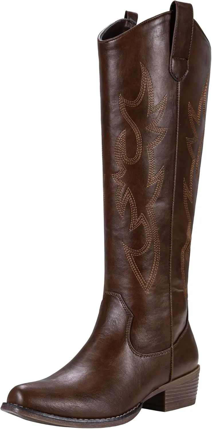 Jeossy Women's Cowboy Boots Embroided Western Cowgirl Boots Square Toe Knee High Pull on Wide Calf Shoes with Inside Zipper