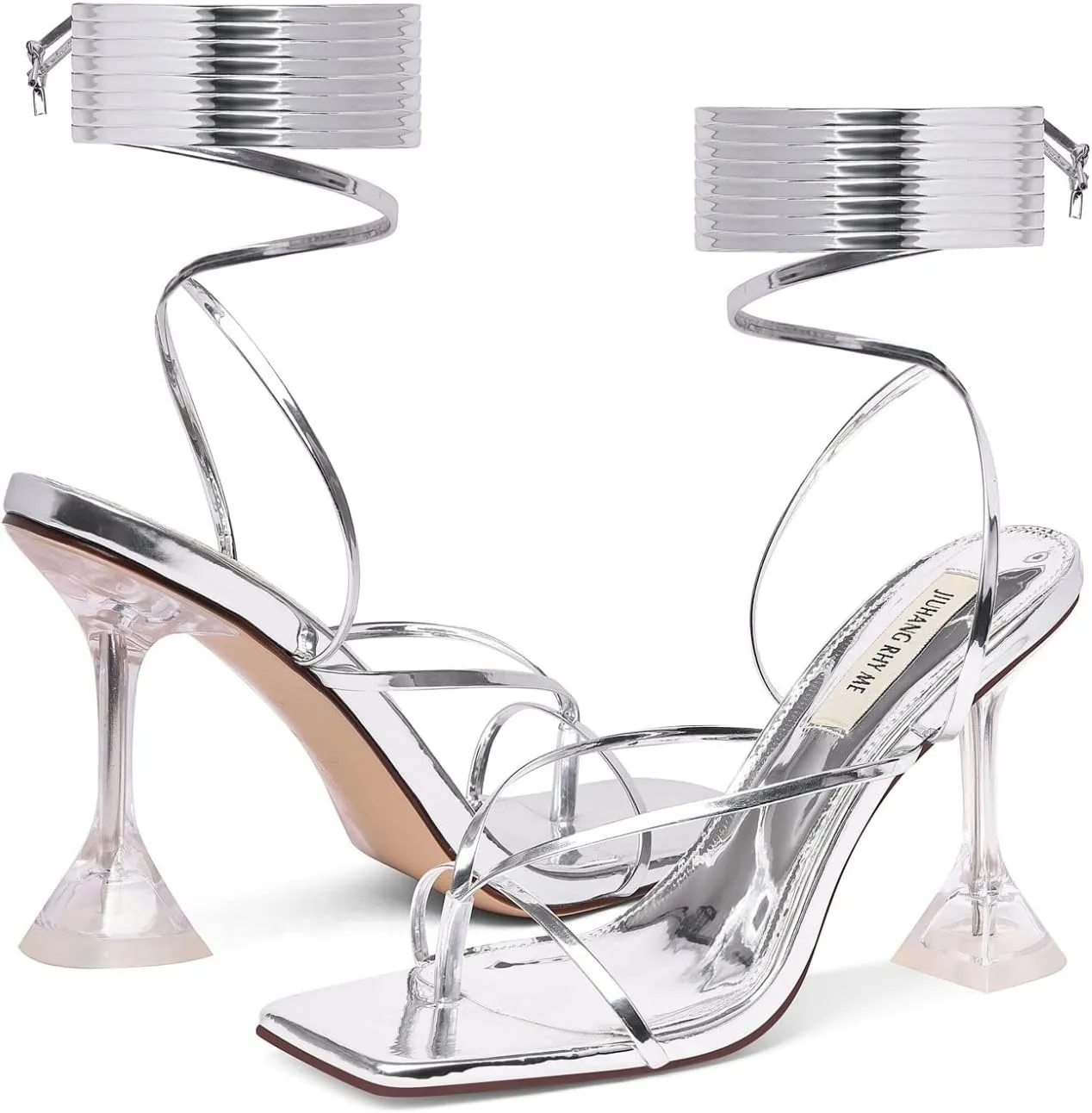 JIUHANG RHY ME Women's Square Toe Lace Up Stiletto Heeled Sandals,Strappy Heels for Women