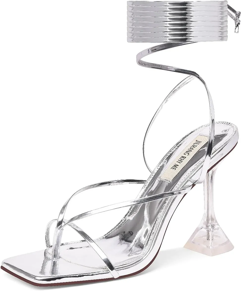 JIUHANG RHY ME Women's Square Toe Lace Up Stiletto Heeled Sandals,Strappy Heels for Women
