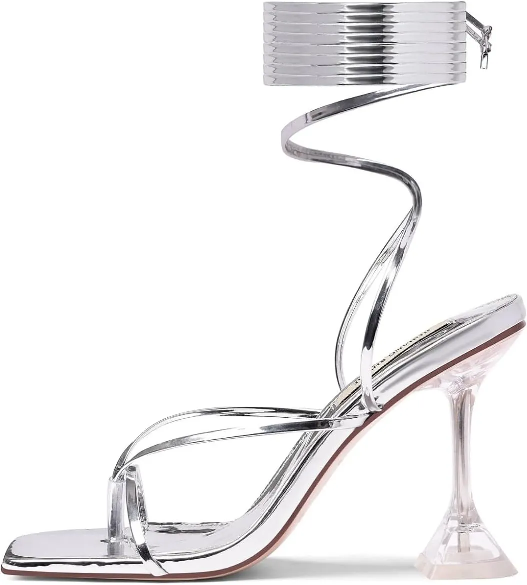 JIUHANG RHY ME Women's Square Toe Lace Up Stiletto Heeled Sandals,Strappy Heels for Women