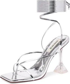 JIUHANG RHY ME Women's Square Toe Lace Up Stiletto Heeled Sandals,Strappy Heels for Women