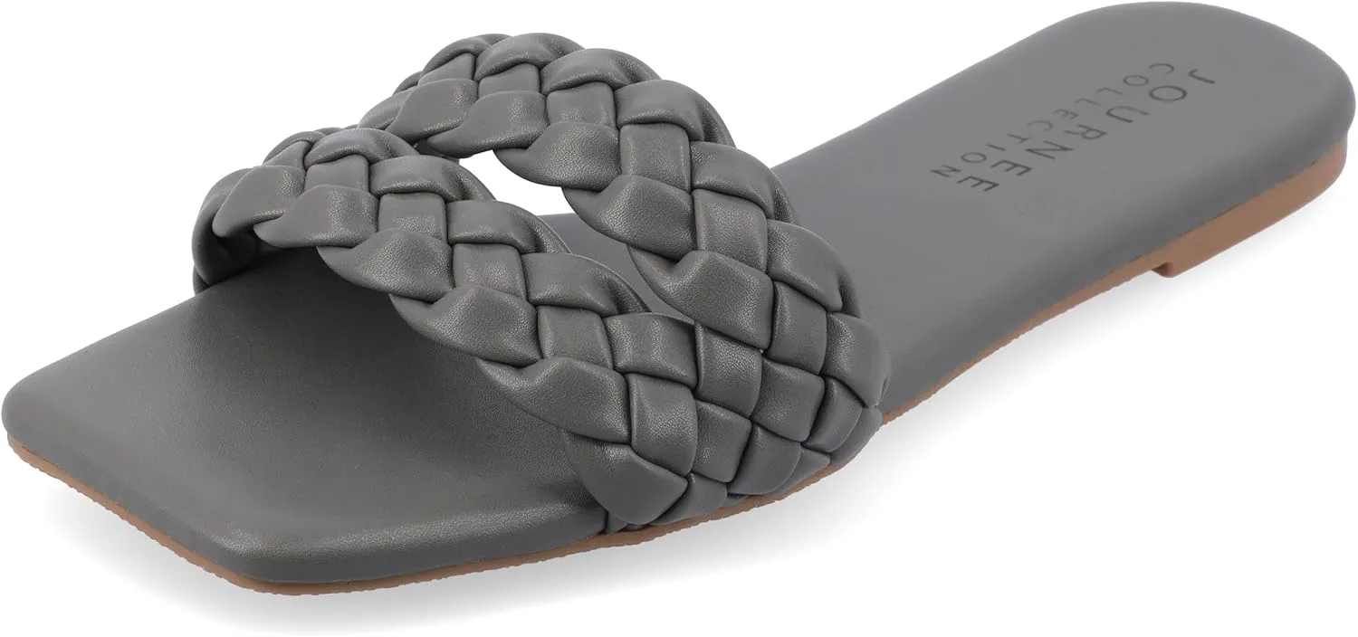 Journee Braided Open Square Toe Banded Flat Slip On Padded Sawyerr Casual Fashion Woven Slide Sandals