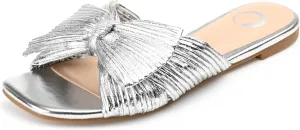 Journee Womens Pleated Metallic Bow Knot Low Block Heel Padded Open Square Toe Serlina Slide Sandal