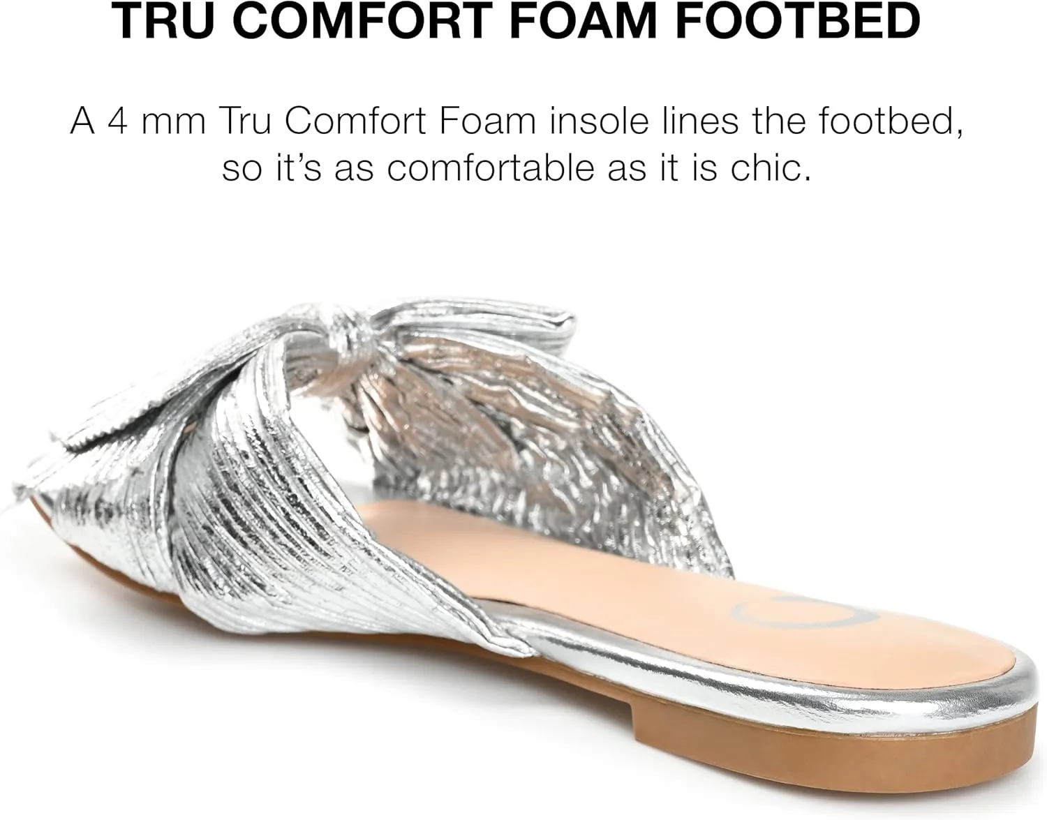 Journee Womens Pleated Metallic Bow Knot Low Block Heel Padded Open Square Toe Serlina Slide Sandal