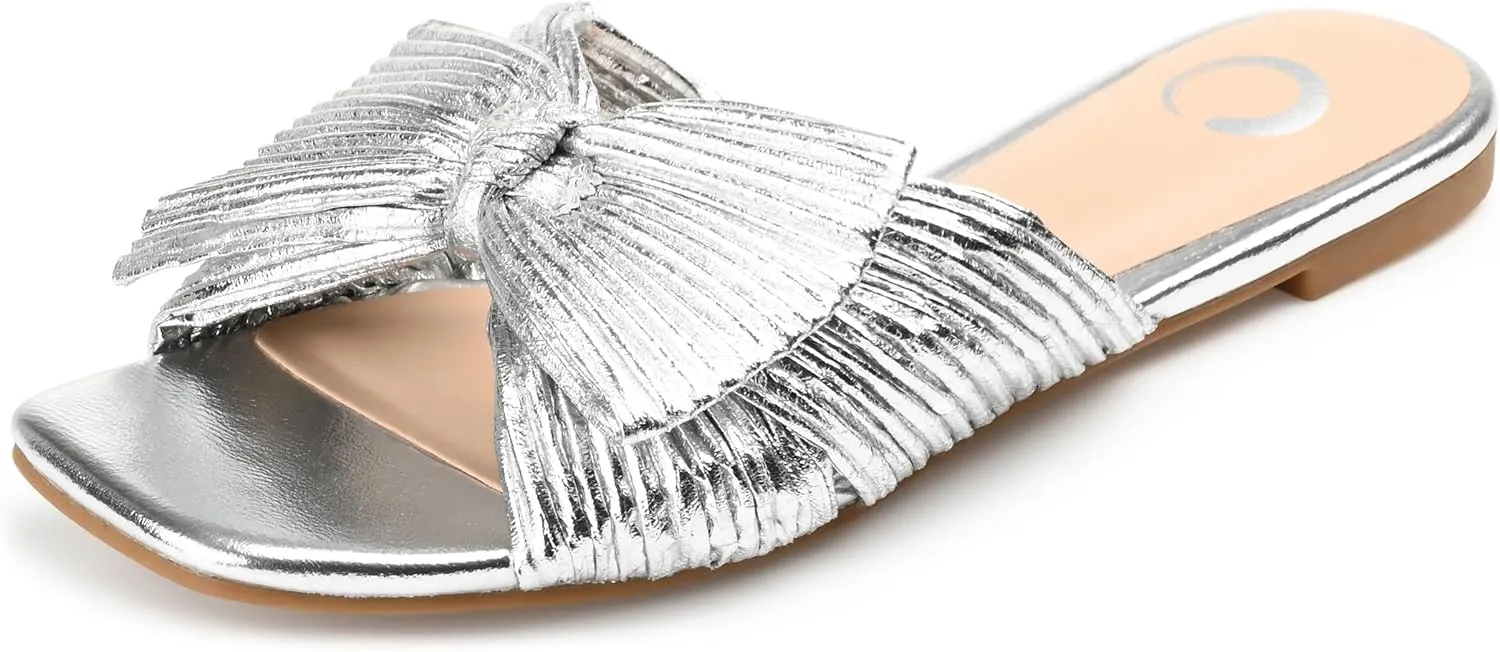 Journee Womens Pleated Metallic Bow Knot Low Block Heel Padded Open Square Toe Serlina Slide Sandal