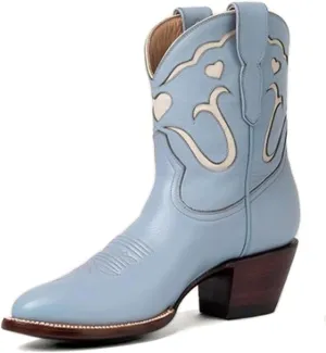 KaroNairy Cowboy Booties for Women Stitch White Heart Inlay Round Slip-On Western Cowgirl Ankle Cowboy Work Boots 11