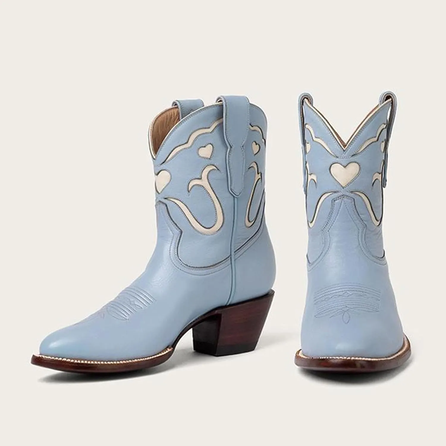 KaroNairy Cowboy Booties for Women Stitch White Heart Inlay Round Slip-On Western Cowgirl Ankle Cowboy Work Boots 11