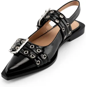 KaroNairy Wide Buckle Ballet Flats for Women Pointy Toe Slingback Flats Square Toe Flats Ballerina Shoes Black8