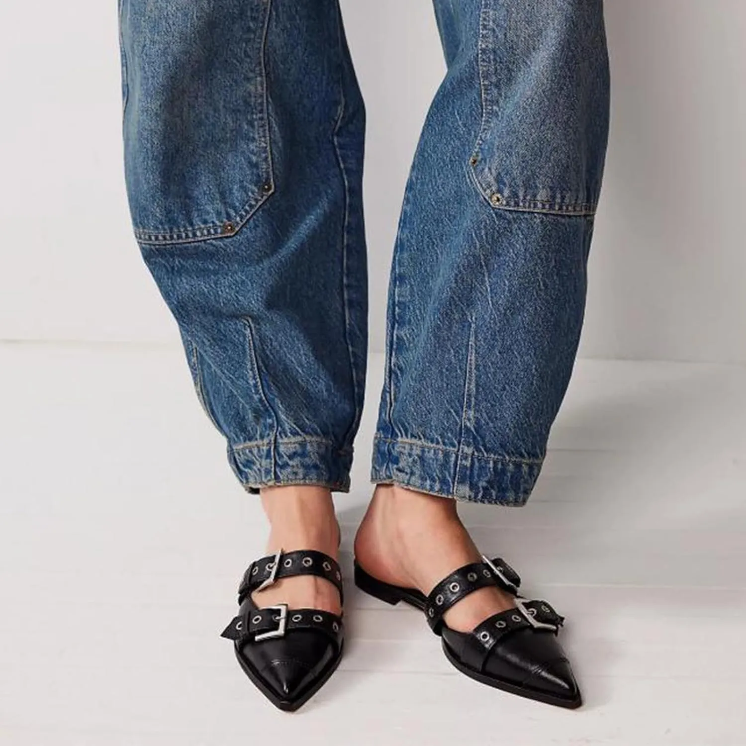 KaroNairy Women's Wide Buckle Ballet Flats, Pointy Toe & Square Toe Mary Jane Flats Slingback Comfortable Ballerina Flats