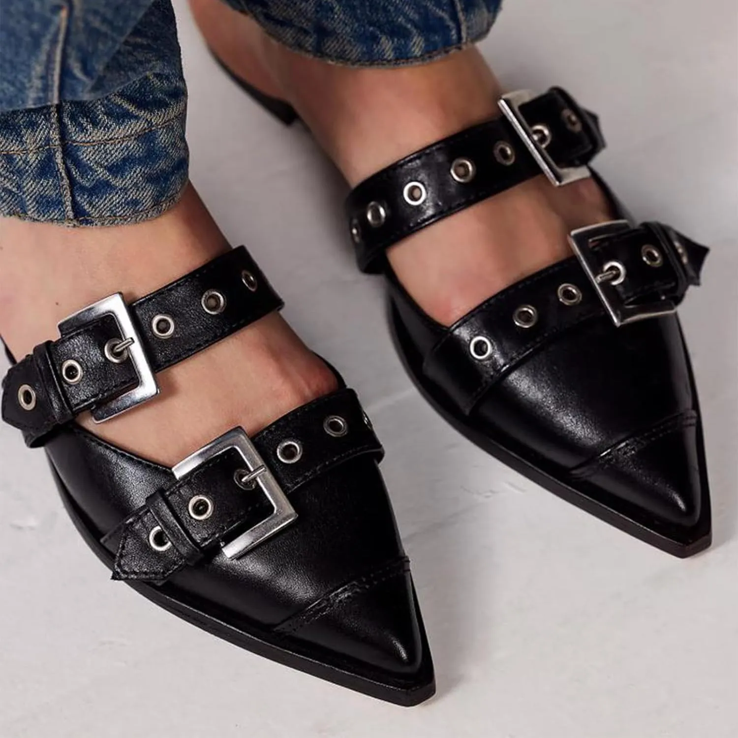 KaroNairy Women's Wide Buckle Ballet Flats, Pointy Toe & Square Toe Mary Jane Flats Slingback Comfortable Ballerina Flats