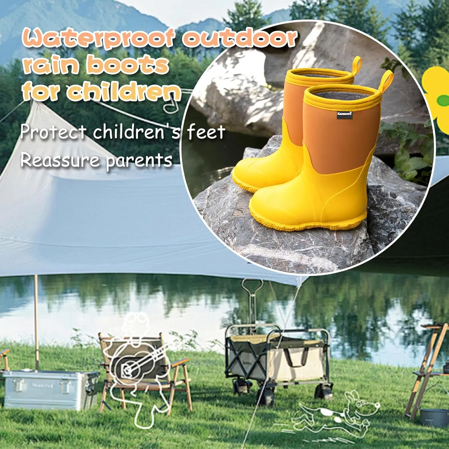 Kaussures Kids Rain Boots for Toddler Girls Boys Waterproof Insulated Rubber Winter Rain Boot for Child