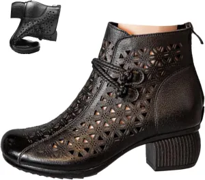 Keilinia Women's Leather Cutout Dress Booties,Summer Round Toe Comfy Breathe Chunky Block Softsole Zip Casual Short Ankle Boots