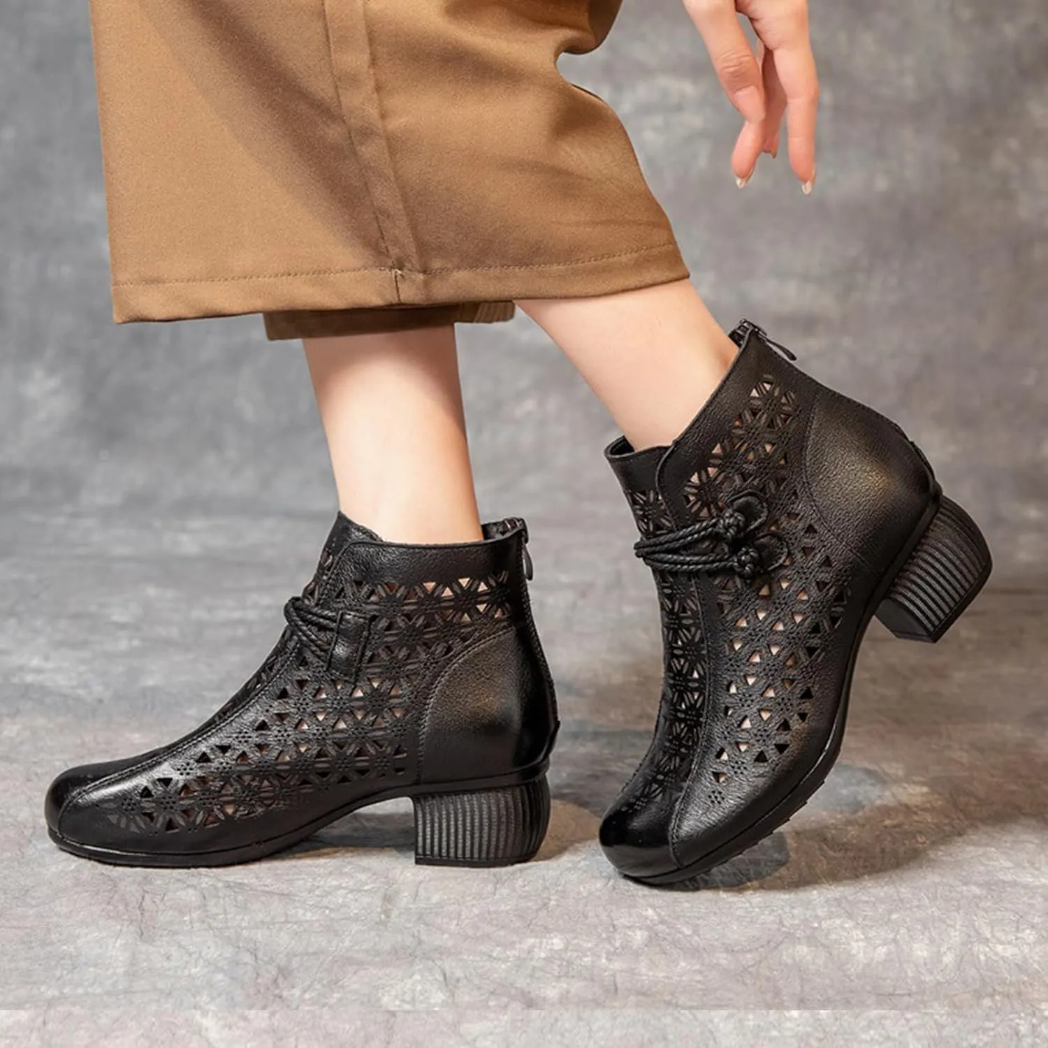 Keilinia Women's Leather Cutout Dress Booties,Summer Round Toe Comfy Breathe Chunky Block Softsole Zip Casual Short Ankle Boots