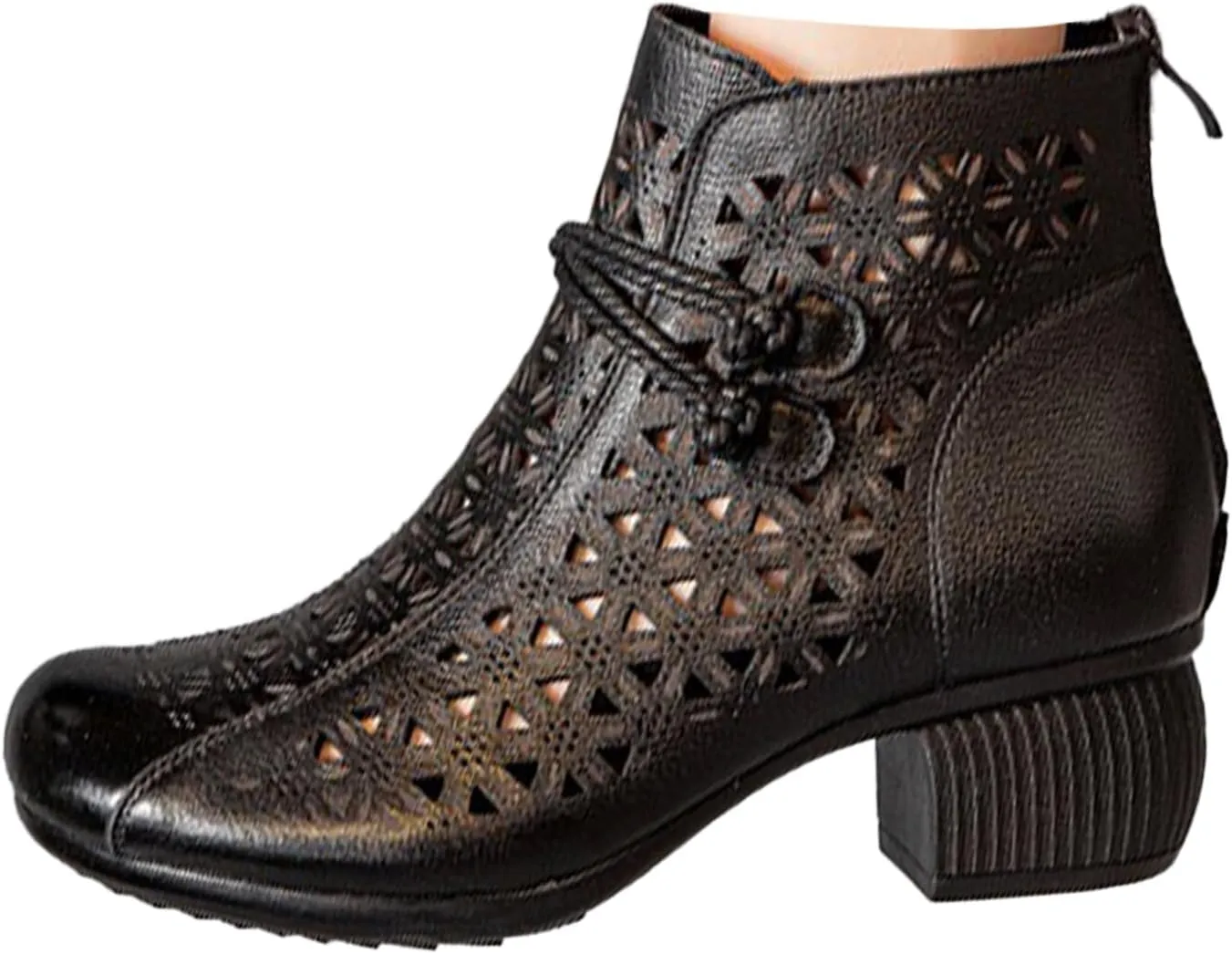 Keilinia Women's Leather Cutout Dress Booties,Summer Round Toe Comfy Breathe Chunky Block Softsole Zip Casual Short Ankle Boots