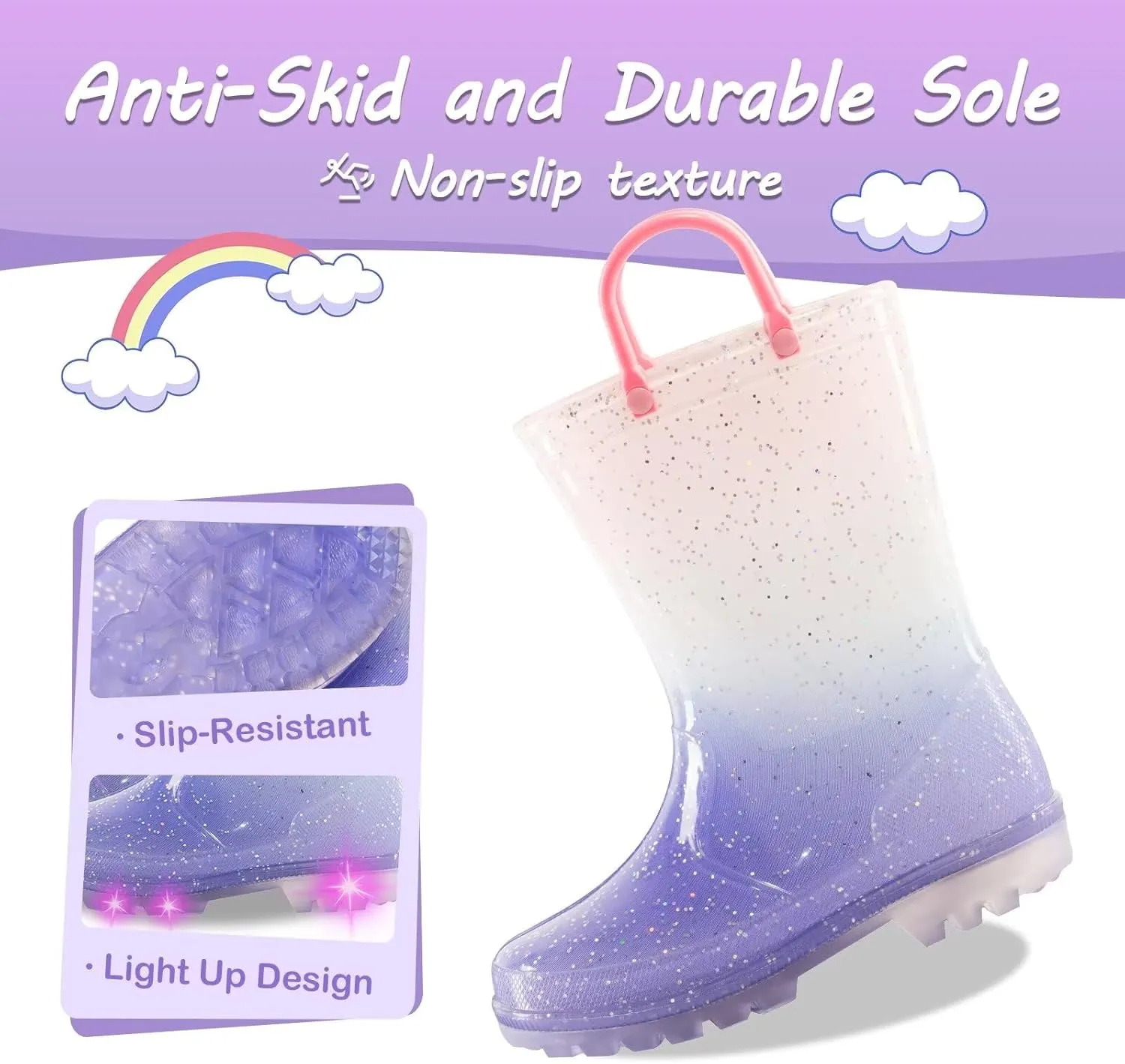 Kids Toddler Rain Boots for Girls Boys Light Up Waterproof Rain Shoes Patterns and Glitter Boot with Easy On Handles