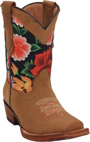 Kids Western Boot Girls Floral Cowboy Cowgirl Leather Brown Boot