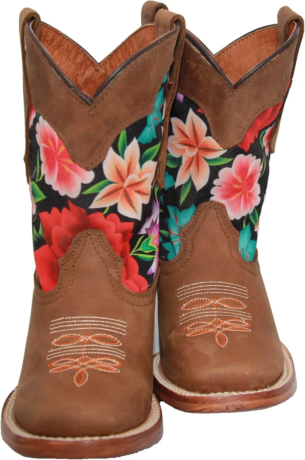 Kids Western Boot Girls Floral Cowboy Cowgirl Leather Brown Boot