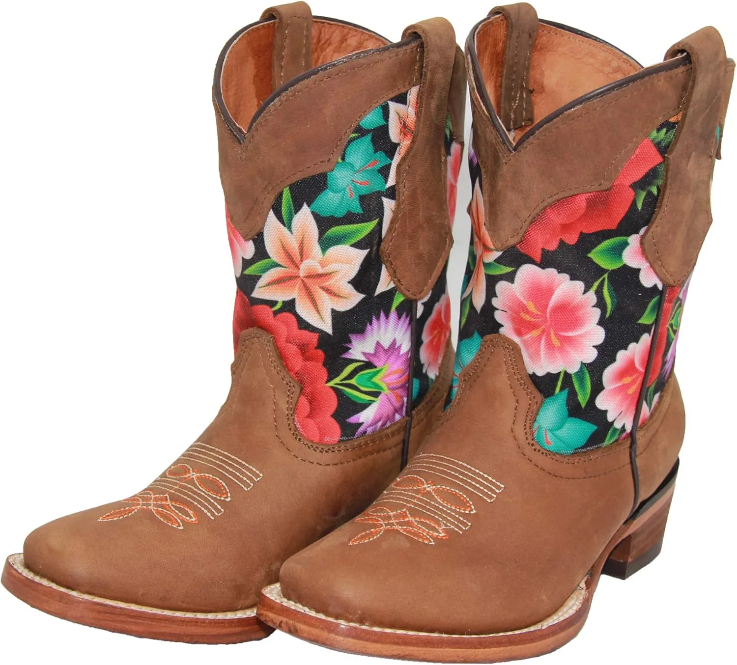 Kids Western Boot Girls Floral Cowboy Cowgirl Leather Brown Boot
