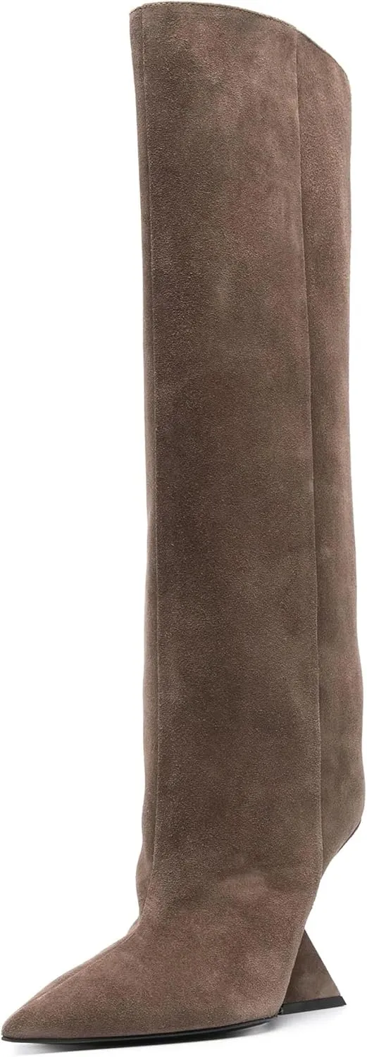 Kluolandi Womens Knee High Boots Sexy Pointed Toe Pull On Strange Wedge Heel Tall Boots for Women