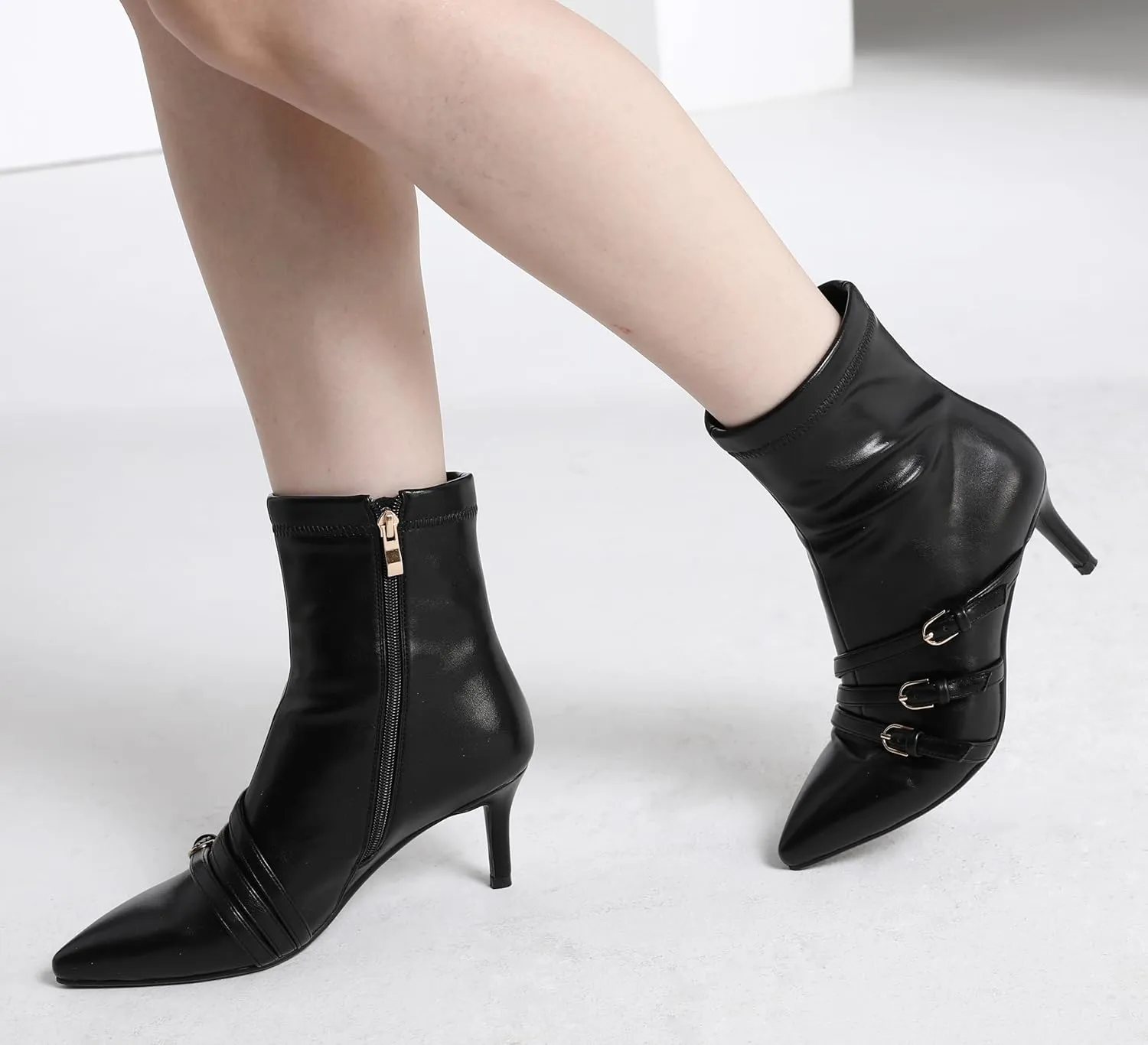 Knee High Boots for Women Strappy Buckles Stiletto Heel Pointed Toe Side Zipper Soft PU Leather Sexy Dress Long Boots and Ankle Booties