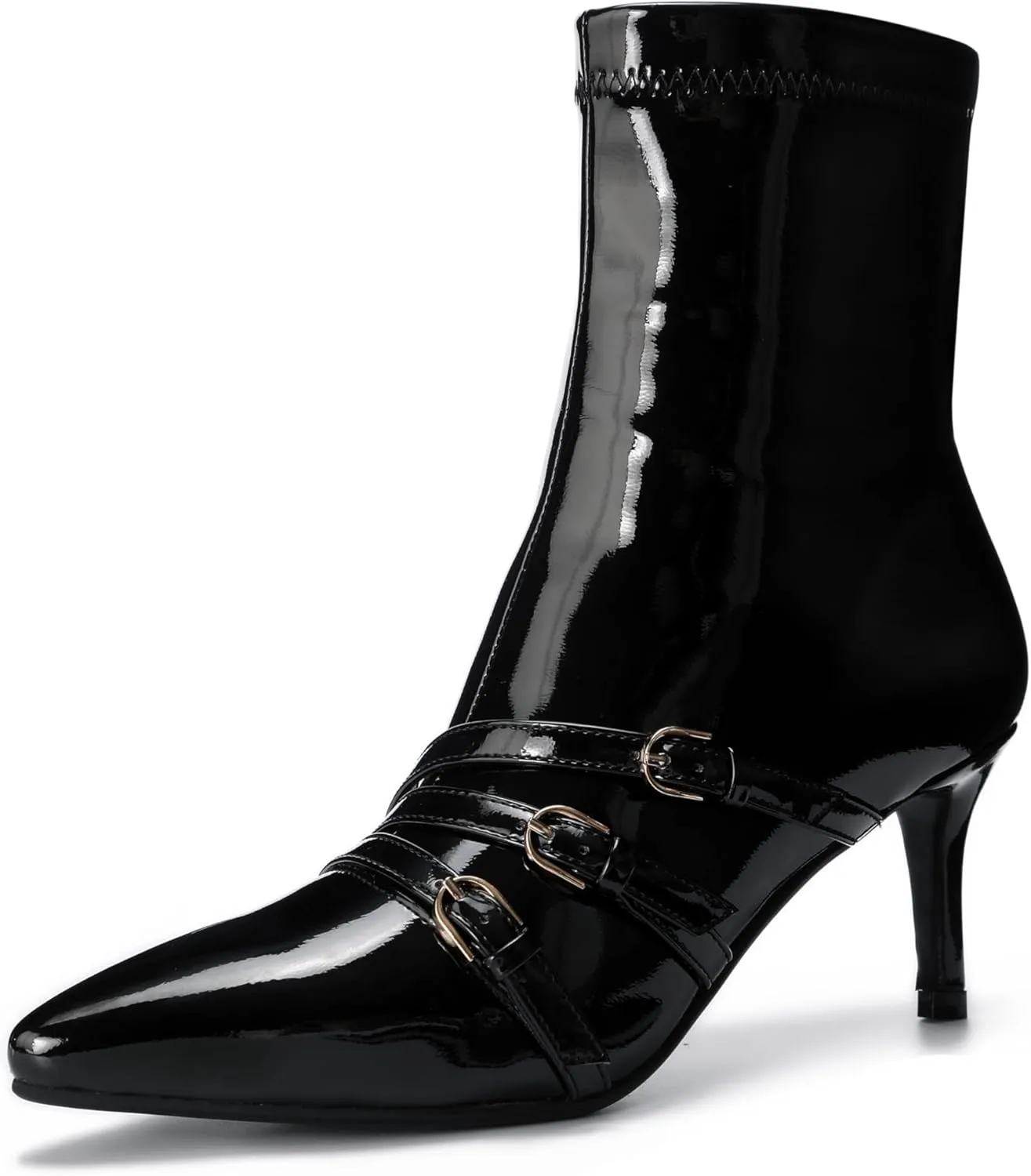 Knee High Boots for Women Strappy Buckles Stiletto Heel Pointed Toe Side Zipper Soft PU Leather Sexy Dress Long Boots and Ankle Booties
