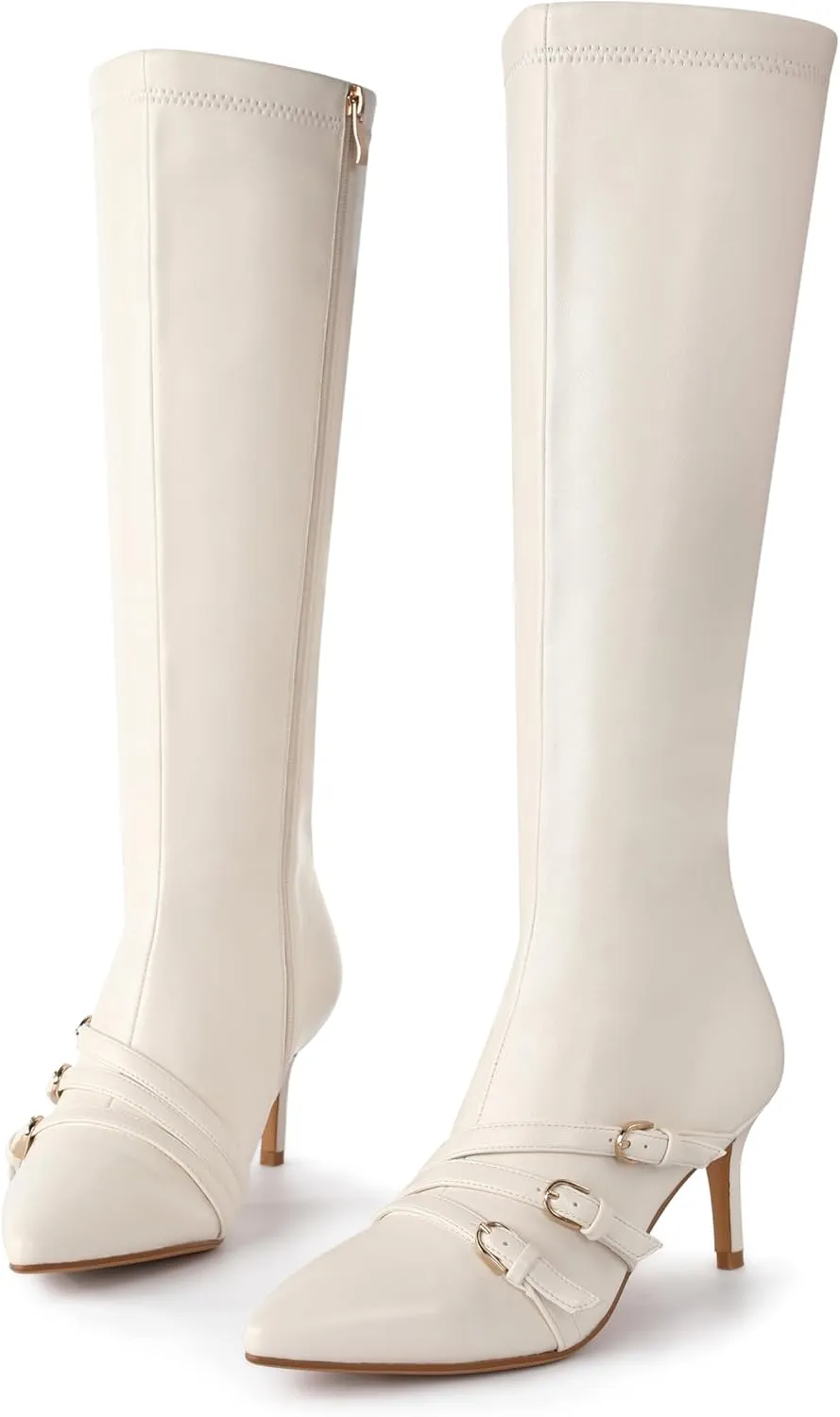 Knee High Boots for Women Strappy Buckles Stiletto Heel Pointed Toe Side Zipper Soft PU Leather Sexy Dress Long Boots and Ankle Booties
